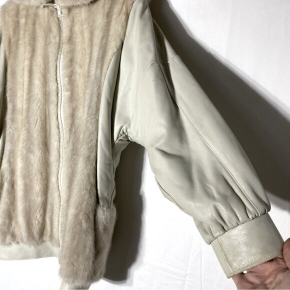 Vintage Oversized Beige Leather Tan Fur zip Front Jacket Coat XXL - Picture 15 of 16